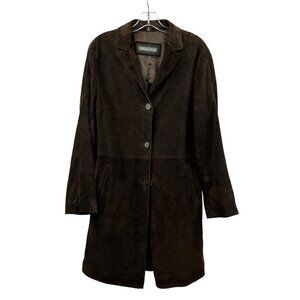Whet Blu Button Up Brown Suede Leather Knee Length Coat Women’s Medium Pockets